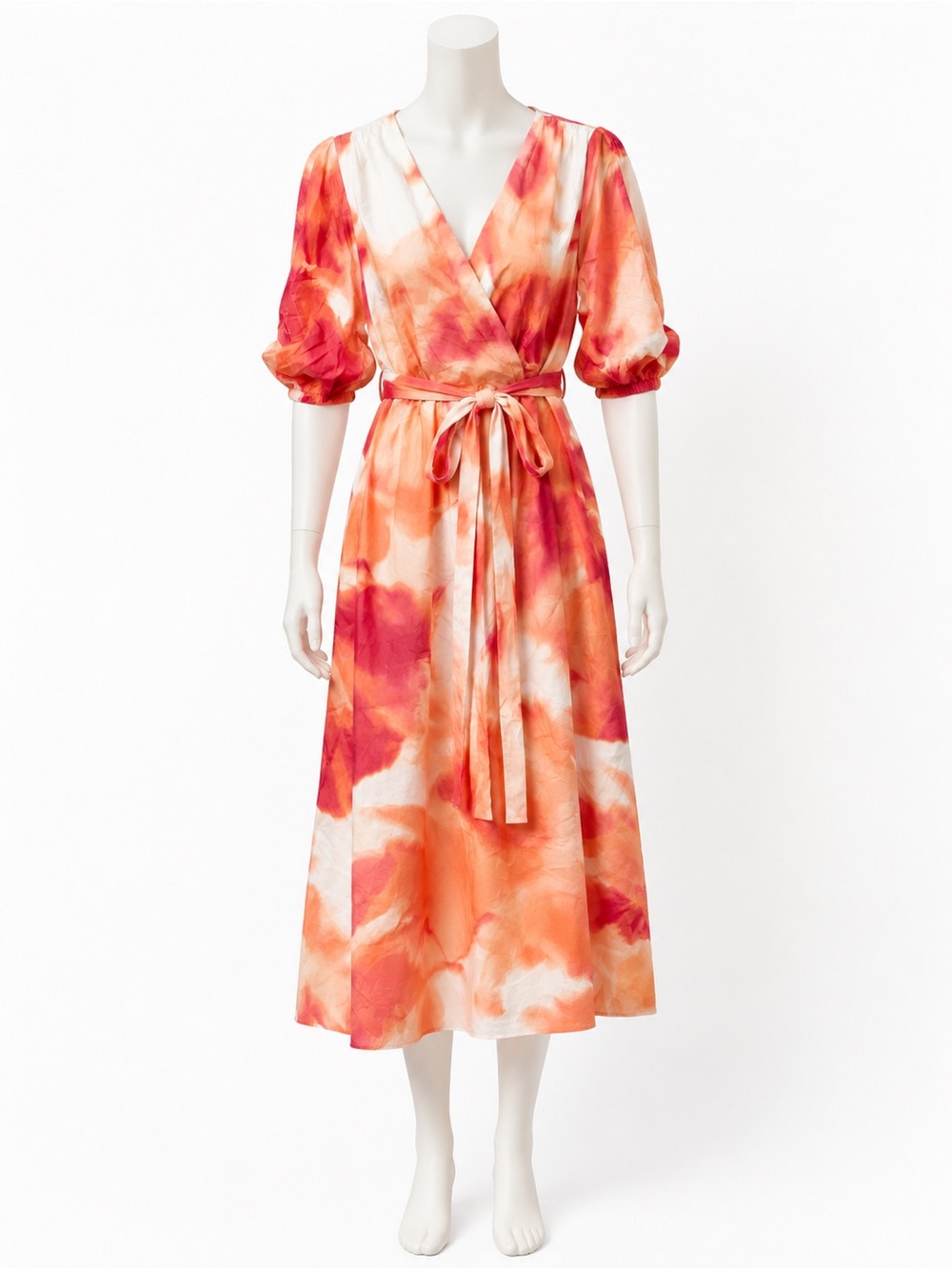 DKNY Orange & Coral Watercolor Wrap Midi Dress
